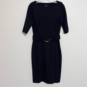 EUC Banana Republic Belted Black Sheath Dress 3/4 Sleeve Crew Neck Size 4 tall